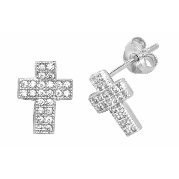 New Silver Stone Set Cross Stud Earrings 1105455