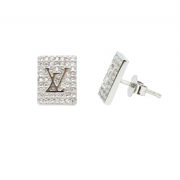 New Silver Rectangular Stone Set 'LV' Stud Earrings 1105528