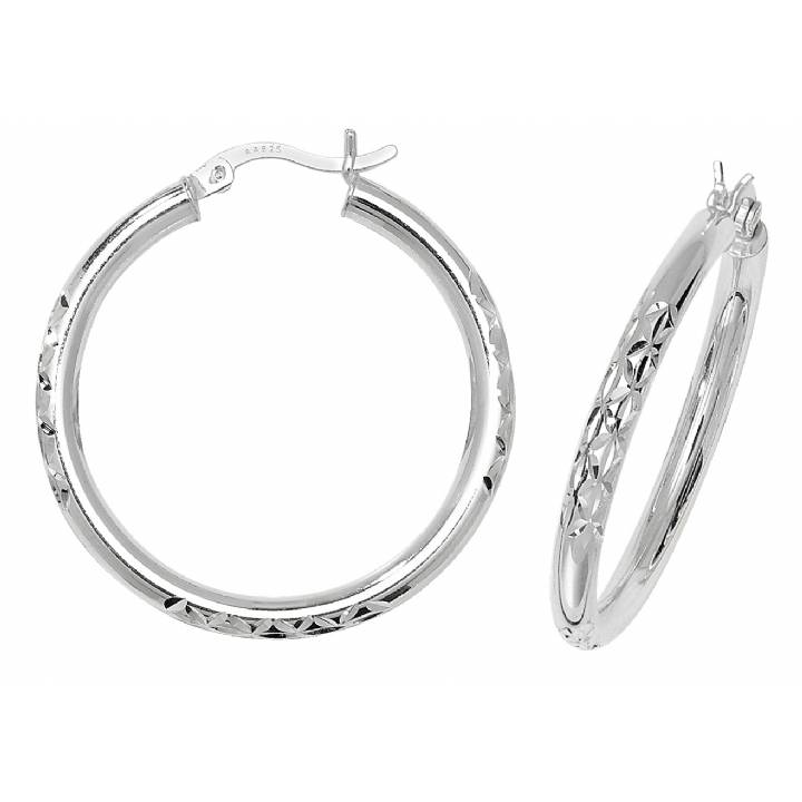 New Silver Diamond Cut & Plain Hoop Earrings