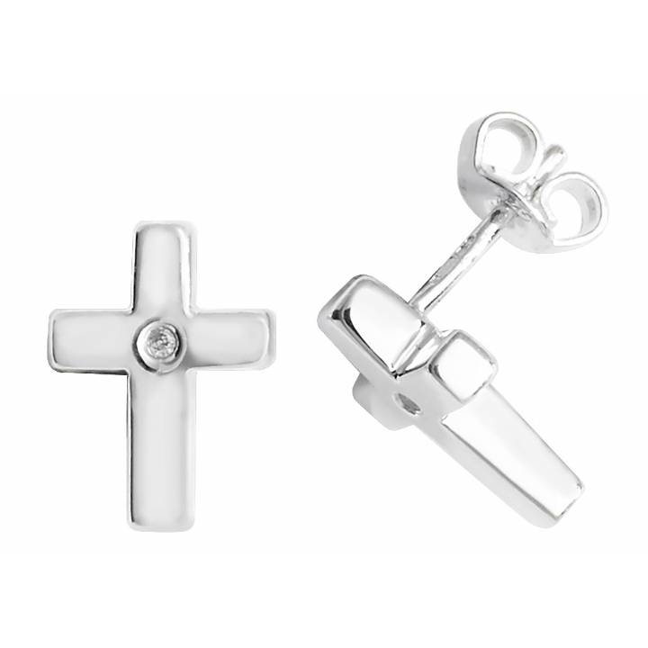New Silver Diamond Set Plain Cross Stud Earrings 1105456