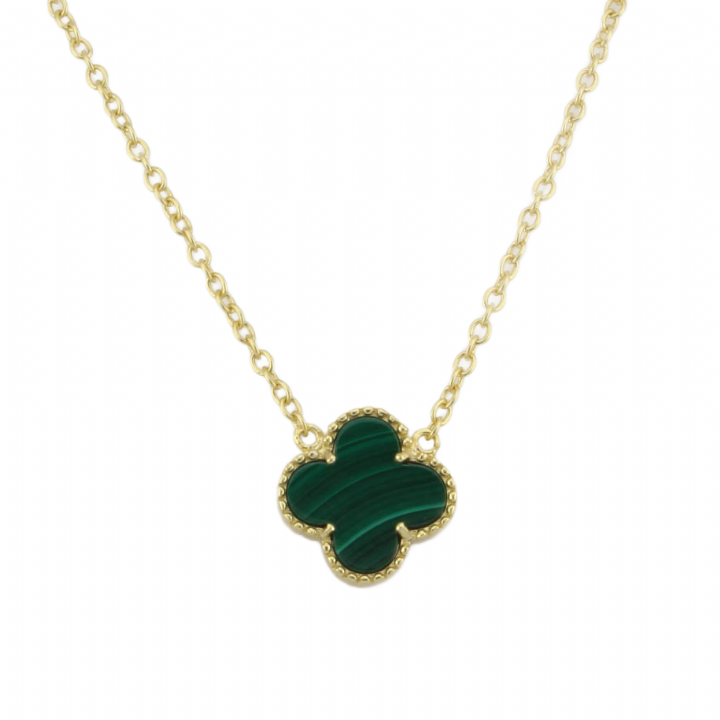 New Silver Gold Plated Green Stone Clover Pendant & Chain