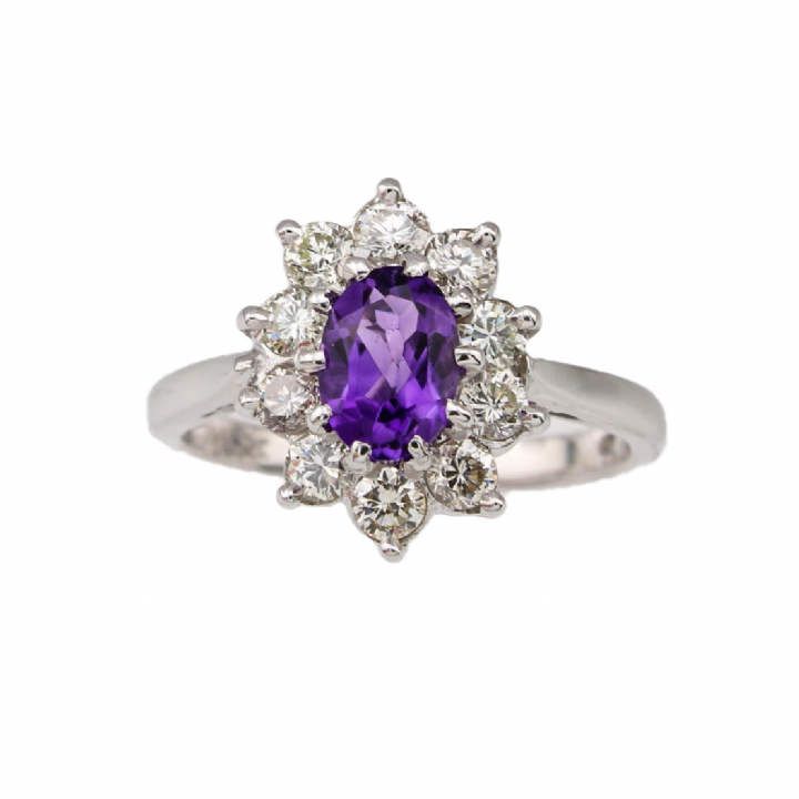 Pre-Owned 14ct White Gold Diamond & Amethyst Cluster Ring 1609167