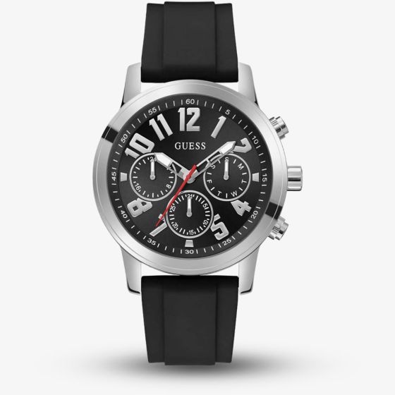 Guess Gents Silver Tone Parker Black Strap Watch