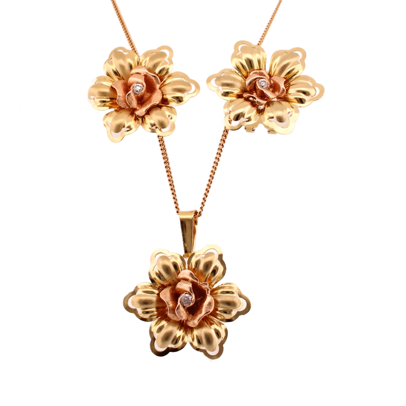 Pre-Owned 18ct 2 Colour Gold Floral Pendant & Earrings Set