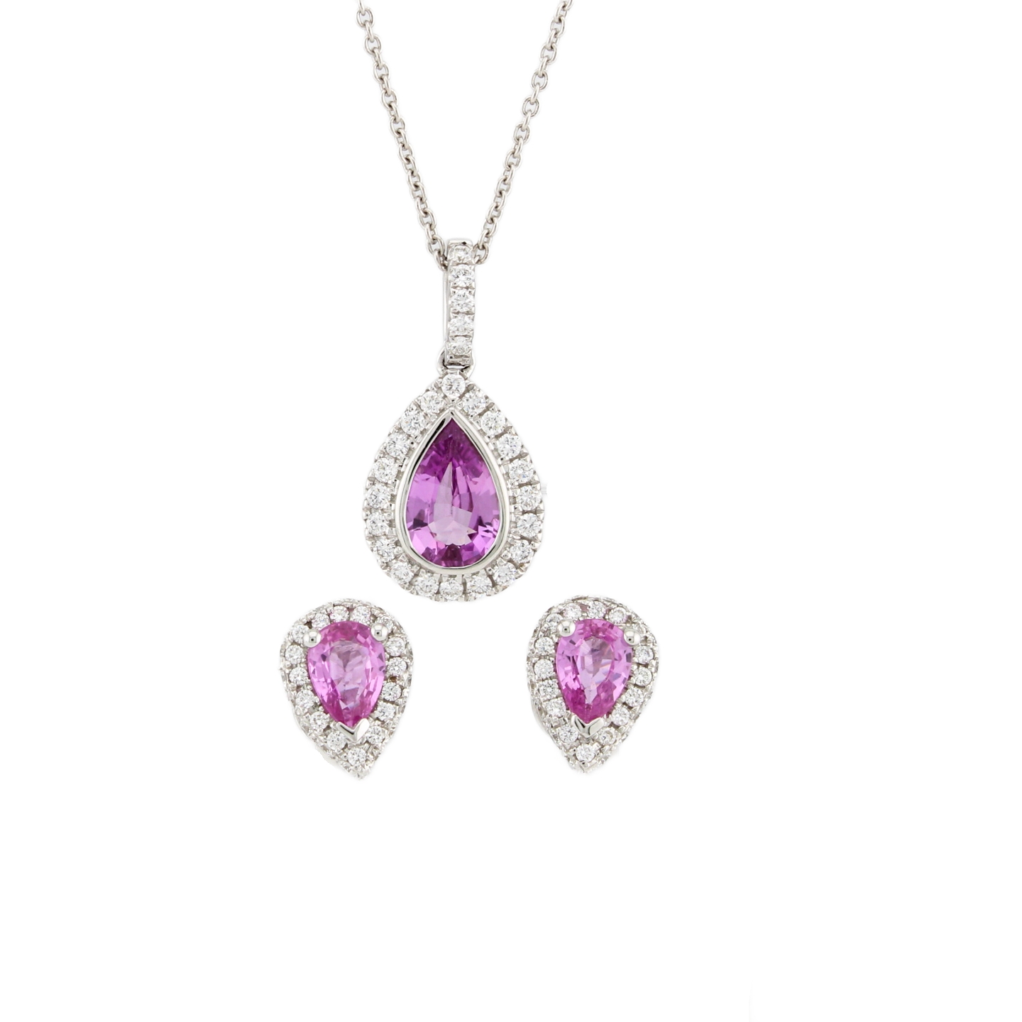 18ct White Gold Diamond & Pink Sapphire Necklace & Earrings Set