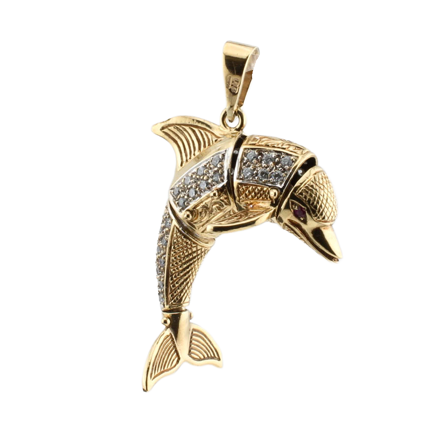 Pre-Owned 9ct Yellow Gold Stone Set Dolphin Pendant. Pre-Owned 9ct Yellow Gold Stone Set Dolphin Pendant.