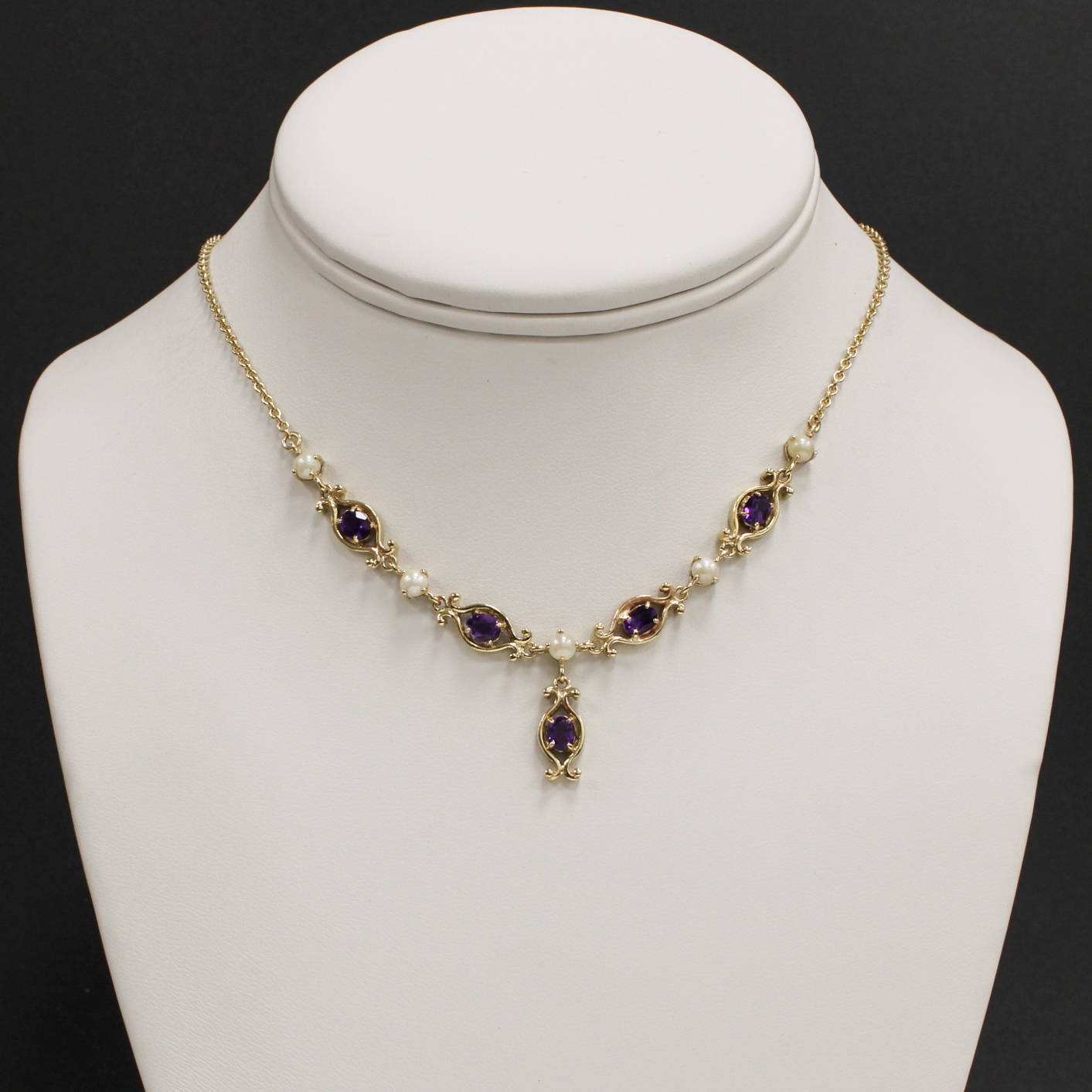 9ct Yellow Gold Amethyst & Pearl Drop 16" Necklace