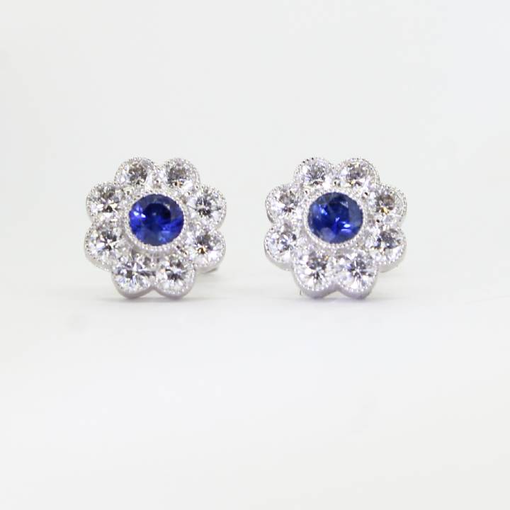 18ct White Gold Diamond And Sapphire Cluster Earrings