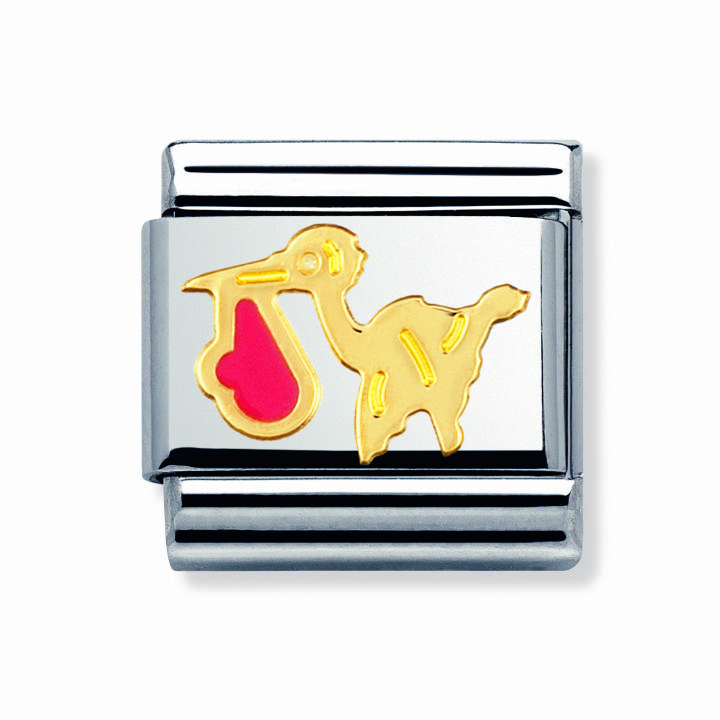 Nomination Steel & 18ct Gold Pink Enamel Stork Charm