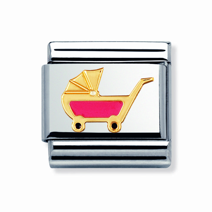 Nomination Steel & 18ct Gold Pink Enamel Pram Charm