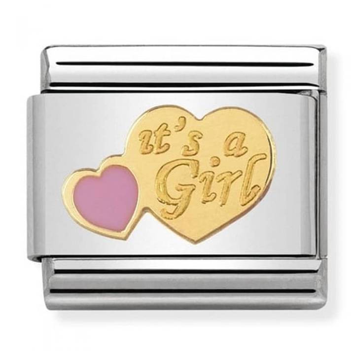 Nomination steel & 18ct Gold 'It's A Girl' & Pink Heart Charm 2401630