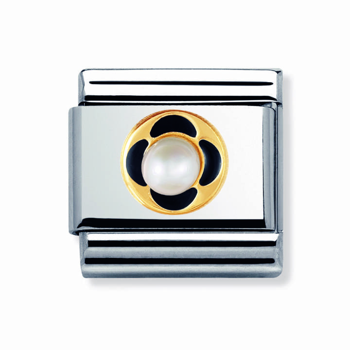 Nomination Steel & 18ct Gold Pearl & Black Enamel Flower Charm 2401726