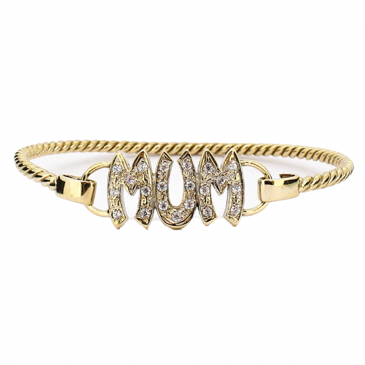 Pre-Owned 9ct Yellow Gold CZ 'MUM' Twist Bangle.