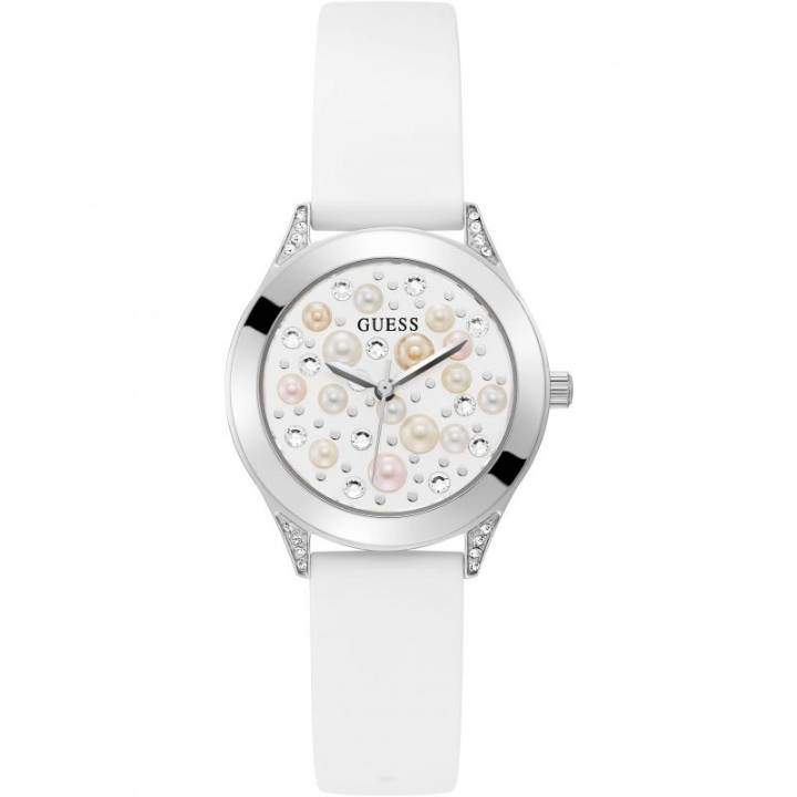 Guess Ladies Pearl Watch, Silver Tone, White Strap, Was £129