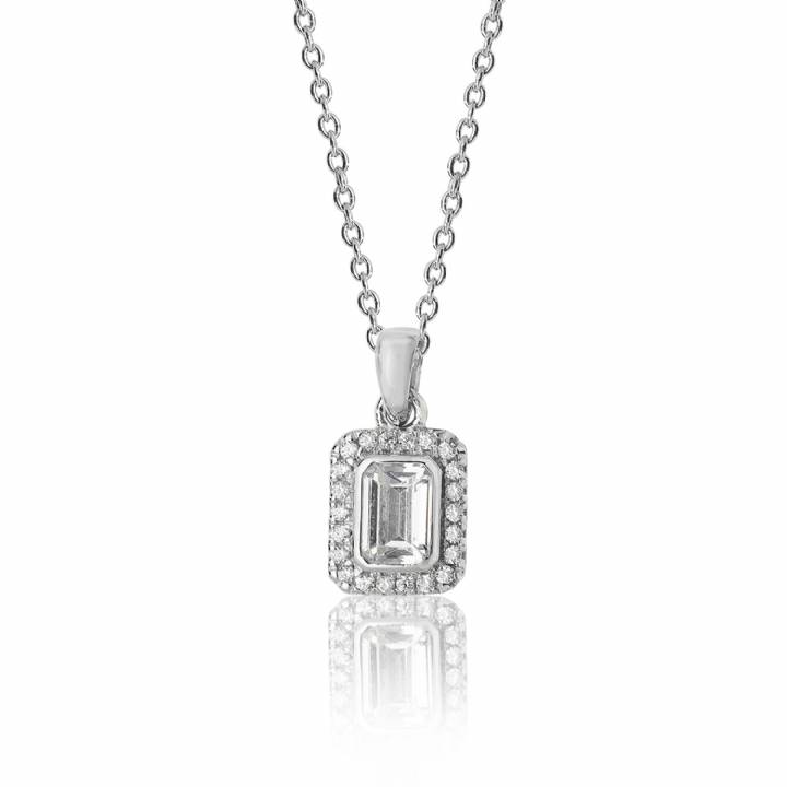 New Silver Emerald Cut Stone Set Halo Pendant & Chain