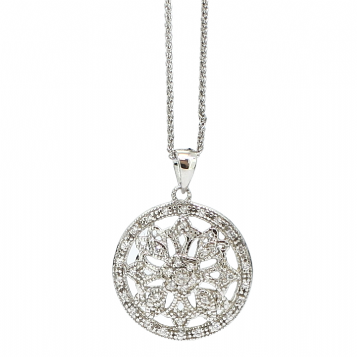 New Silver Stone Set Fancy Flower Pendant & Chain