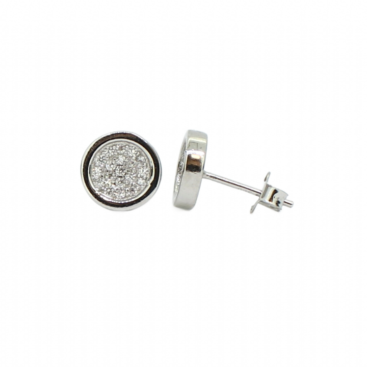 New Silver Disc Shape Stone Pave Set Stud Earrings
