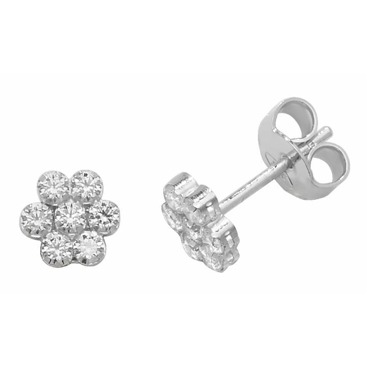 New Silver Stone Set Flower Stud Earrings