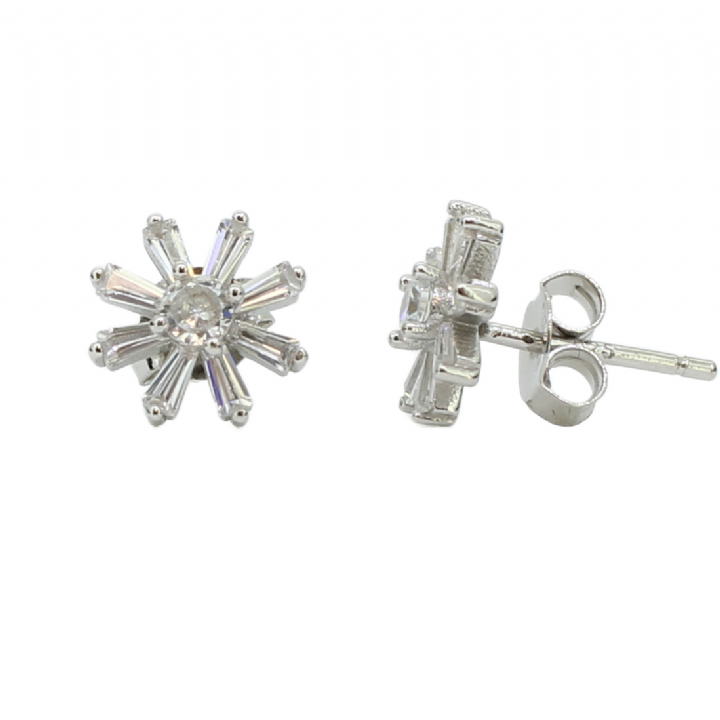 New Silver Round & Baguette Cut Stone Set Flower Stud Earrings