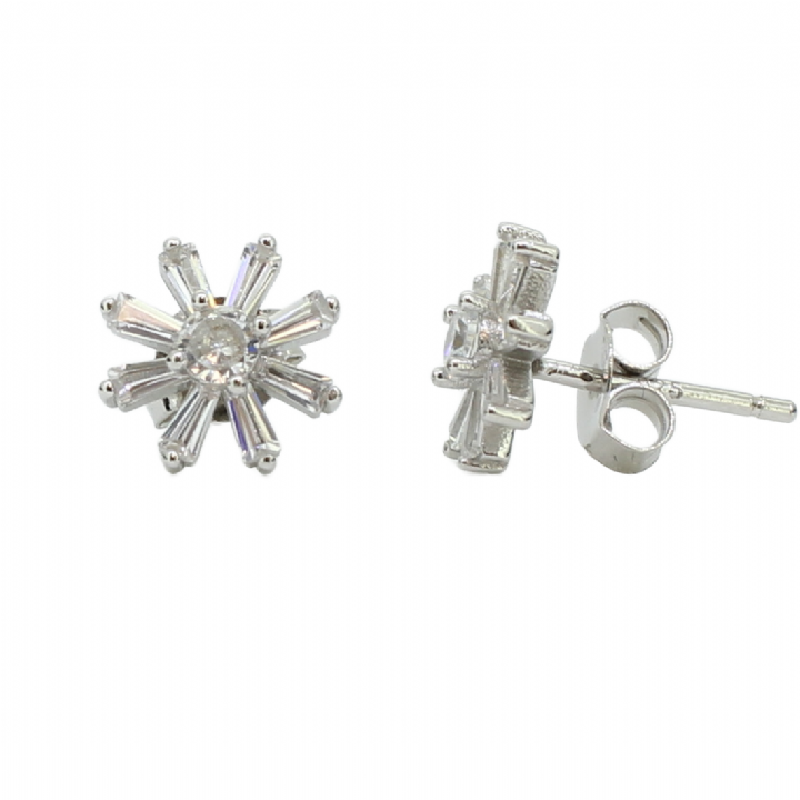 New Silver Round & Baguette Cut Stone Set Flower Stud Earrings 1105514