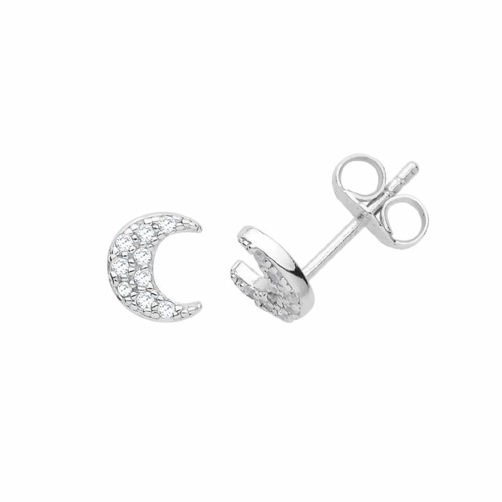 New Silver Stone Set Half Moon Stud Earrings 1105501