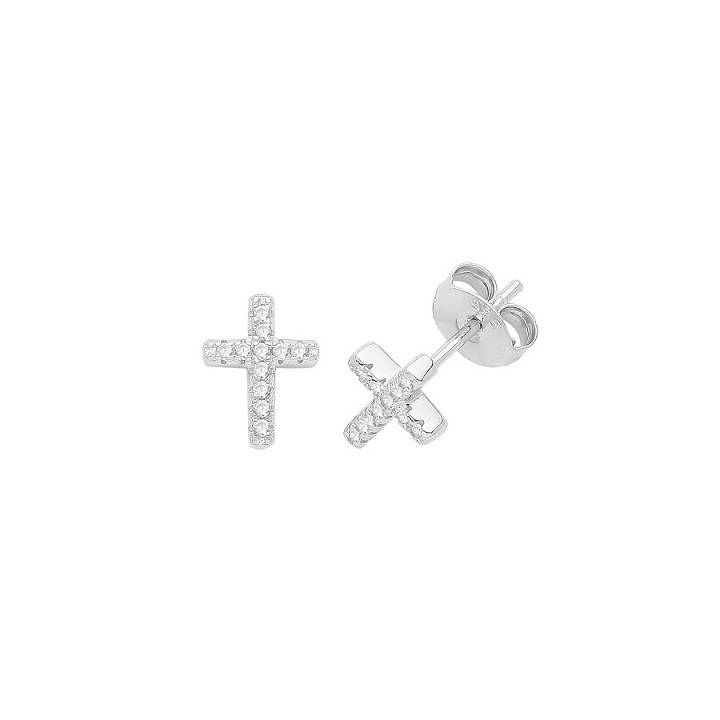 New Silver Stone Set Cross Stud Earrings