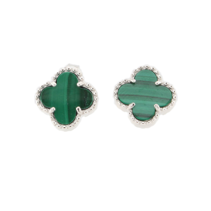 New Silver Green Stone Clover Stud Earrings