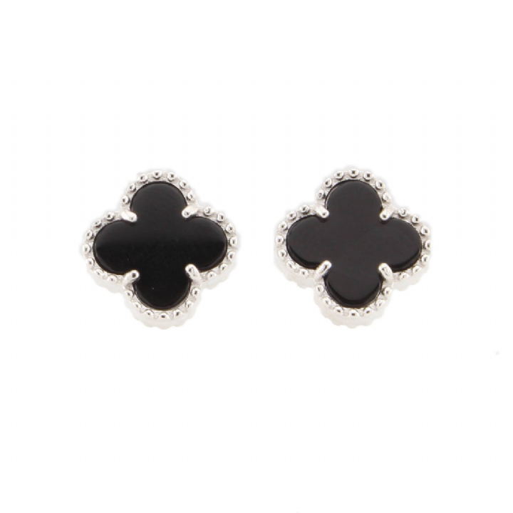 New Silver Black Stone Clover Stud Earrings