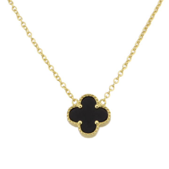 New Silver Gold Plated Black Stone Clover Pendant & Chain 1102458