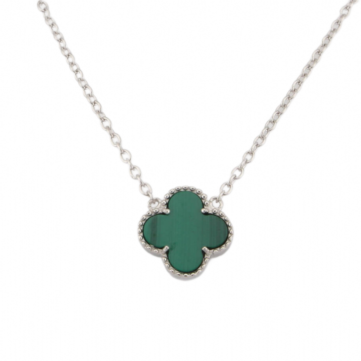 New Silver Green Stone Clover Pendant & Chain 1102460