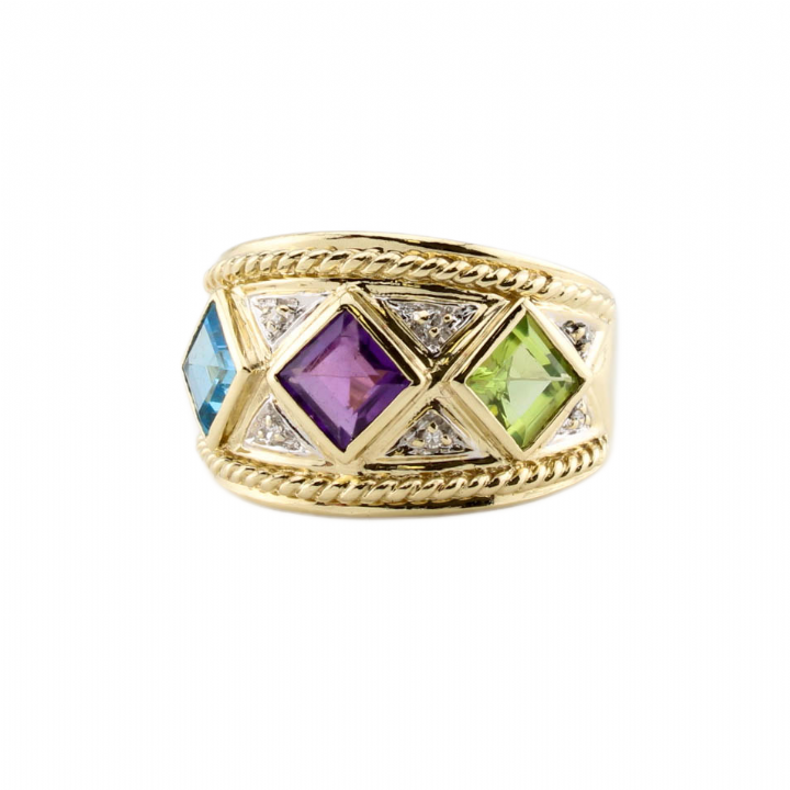 Pre-Owned 9ct Gold Peridot, Amethyst, Topaz & Diamond Ring 1615881