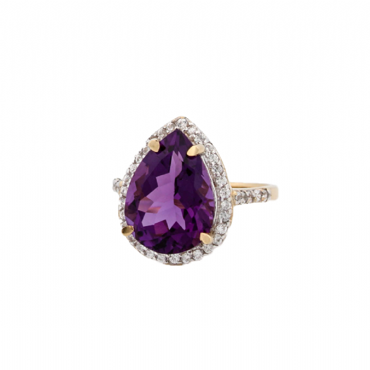 Pre-Owned 9ct Yellow Gold Amethyst & White Stone Cluster Ring
