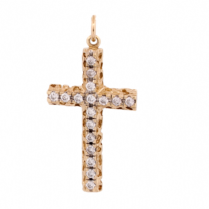 Pre-Owned 9ct Yellow Gold Stone Set Barked Cross Pendant