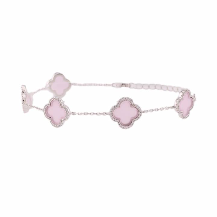 New Silver Pink & White Stone Clover Bracelet
