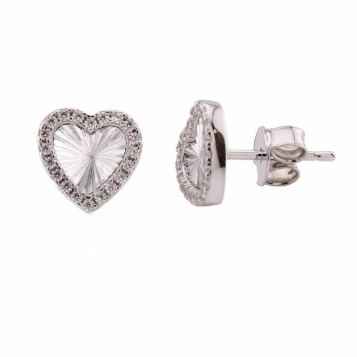 New Silver Stone Set & Diamond Cut Heart Stud Earrings
