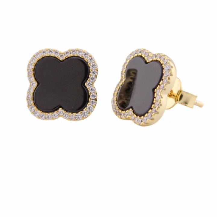 New Silver Gold Plated Black & White Stone Clover Stud Earrings